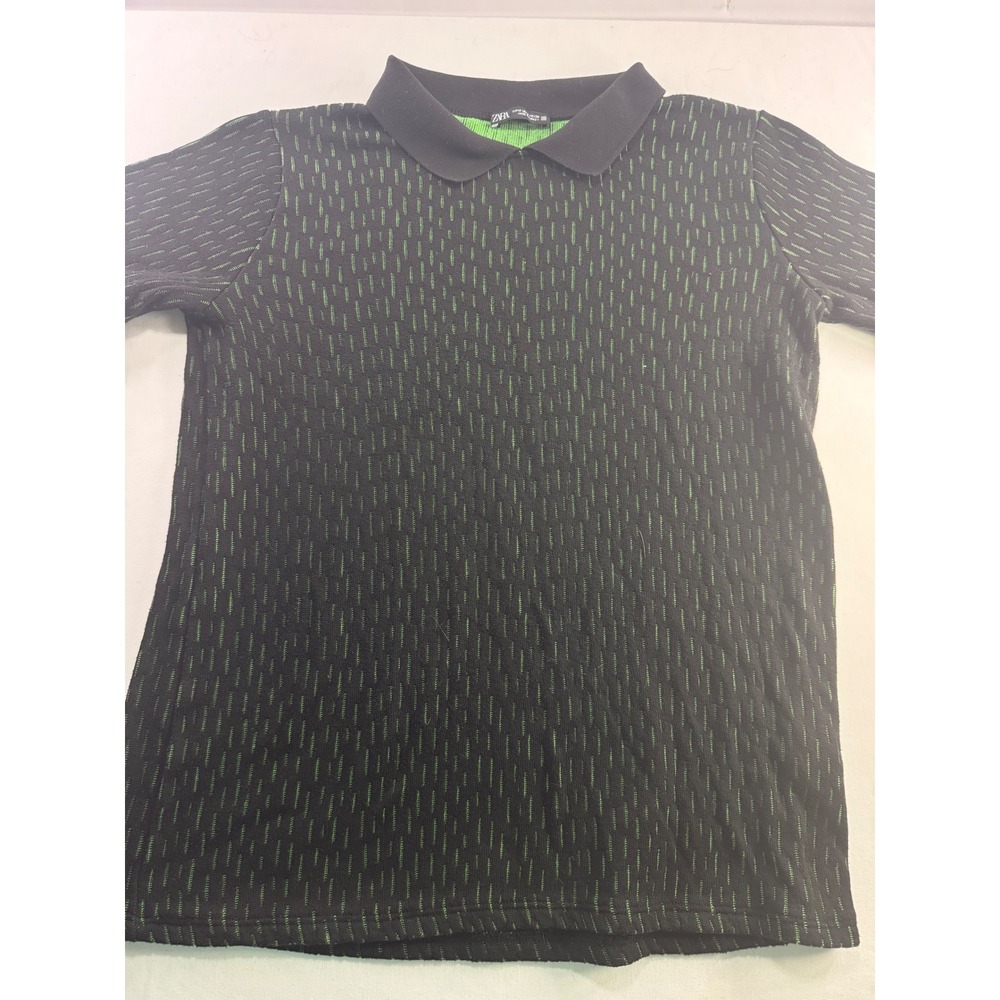 Zara Mens Knit Polo Shirt Black Neon Green Textured Short Sleeve Slim Fit M
